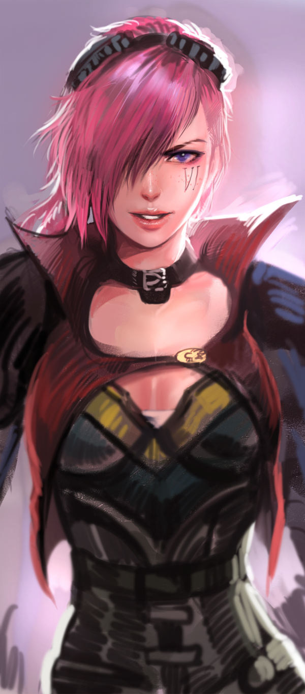 blue_eyes, breasts, cleavage, collar, face, freckles, goggles, hair_over_one_eye, highres, league_of_legends, lips, looking_at_viewer, pink_hair, short_hair, smile, solo, vi_(league_of_legends), yy6242