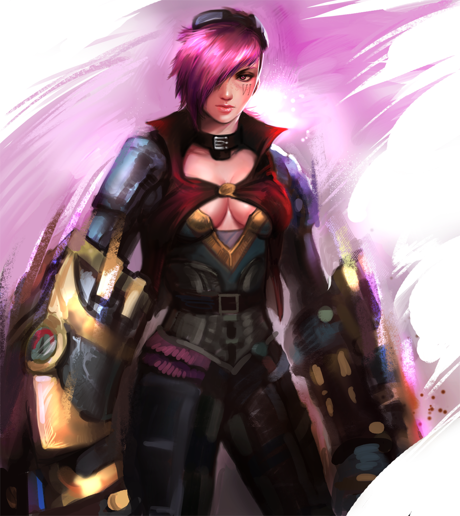 armor, breasts, cleavage, collar, gauntlets, goggles, hair_over_one_eye, jacket