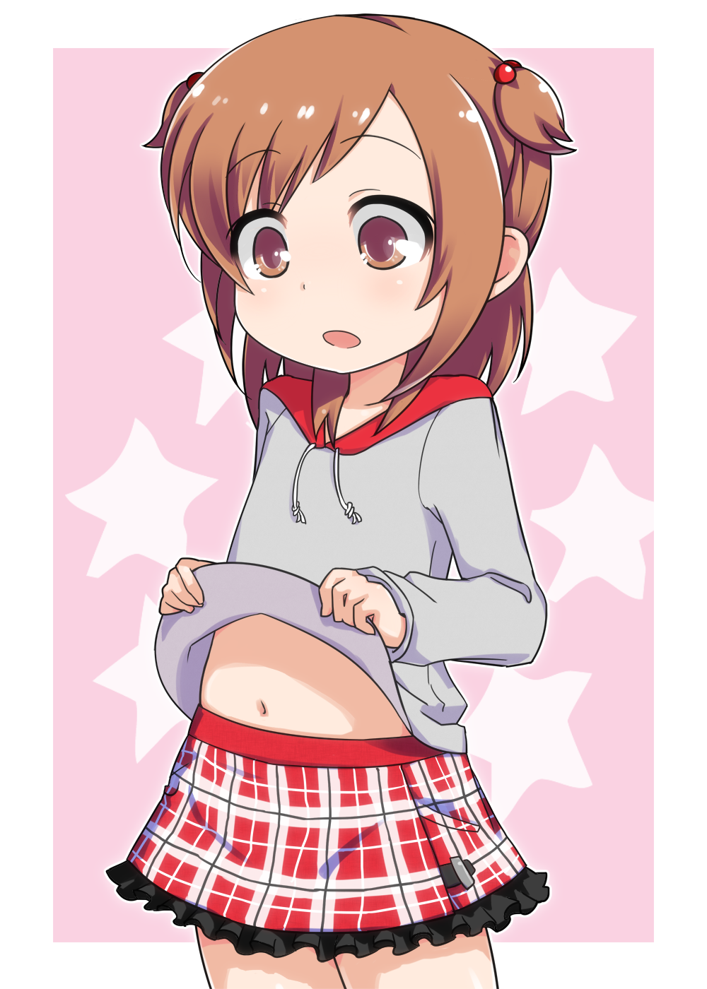 brown_hair, child, hair_bobbles, hair_ornament, highres, hoodie, kurabayashi_aya, megu_(mitsudomoe), mitsudomoe, navel, shirt_lift, short_twintails, skirt, solo, twintails