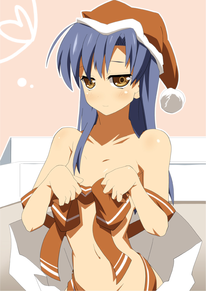 bare_shoulders, blue_hair, bow, brown_eyes, hat, idolmaster, kisaragi_chihaya, long_hair