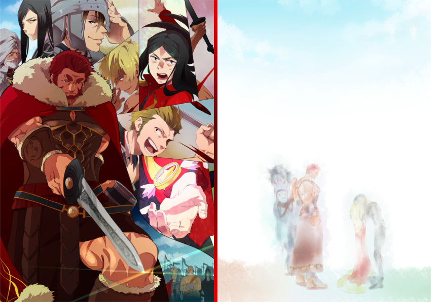 beard, black_hair, blonde_hair, cape, crying, facial_hair, fate/zero, fate_(series), helmet, horse, ionioi_hetairoi, komio_(do@ho), long_hair, lord_el-melloi_ii, mithrenes, multiple_boys, pastel_color, pastel_colors, red_eyes, red_hair, redhead, rider_(fate/zero), sword, time_paradox, waver_velvet, weapon
