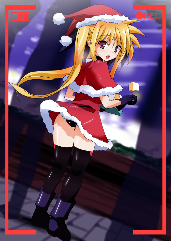 blonde_hair, christmas, fate_testarossa, gloves, long_hair, lyrical_nanoha, mahou_shoujo_lyrical_nanoha, recording