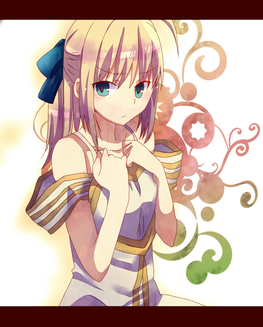 ahoge, blonde_hair, cosplay, dress, fate/zero, fate_(series), green_eyes, highres, irisviel_von_einzbern, irisviel_von_einzbern_(cosplay), kanasiinezimakineko, long_hair, oversized_clothes, ponytail, saber, solo