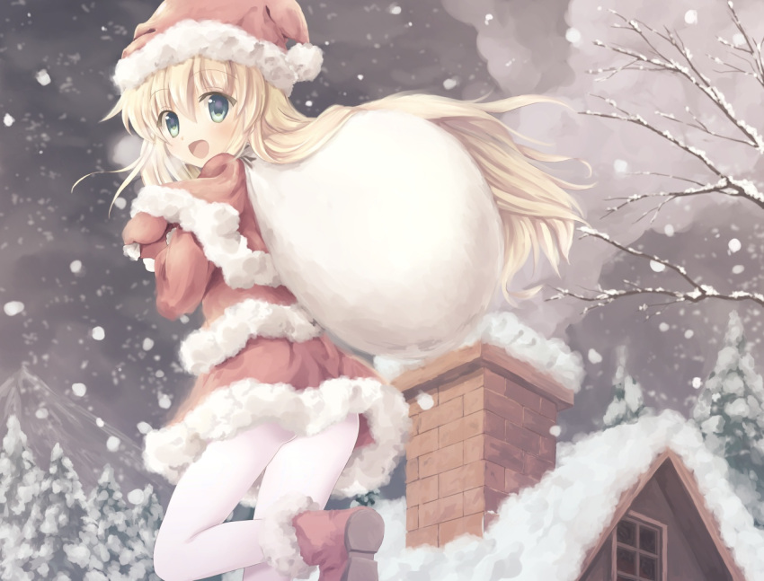 blonde_hair, blue_eyes, blush, boots, chimney, christmas, francis_(ohne), gloves