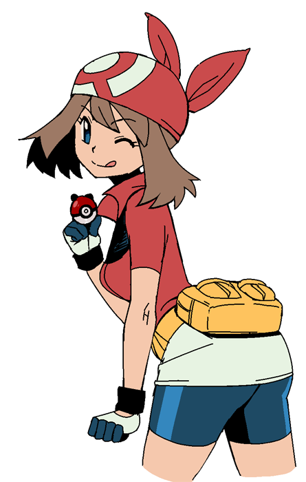 ass, bandana, bandanna, bike_shorts, blue_eyes, brown_hair, gloves, haruka_(pokemon)