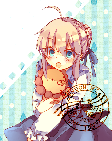 ahoge, blonde_hair, blue_eyes, blush, casual, dress, fate/stay_night, fate_(series)