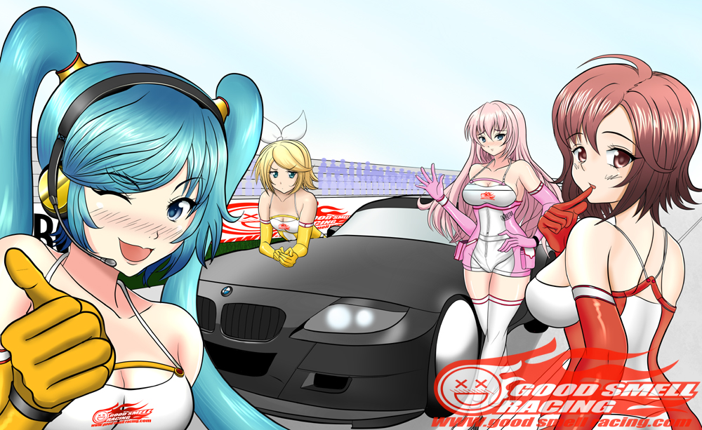 aqua_eyes, aqua_hair, bare_shoulders, blonde_hair, blue_eyes, blush, bmw, bmw_z4