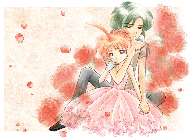 1boy, 1girl, ahiru, ahoge, bare_shoulders, blue_eyes, couple, dress