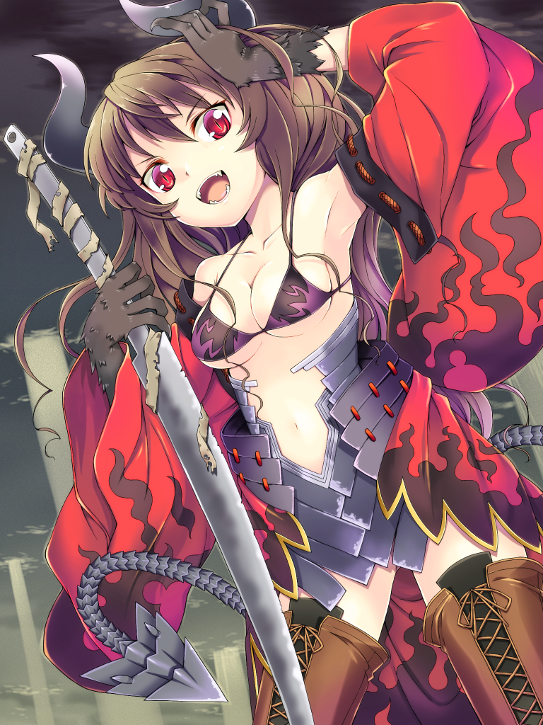 armor, armpits, bikini_top, boots, breasts, brown_hair, claws, collarbone