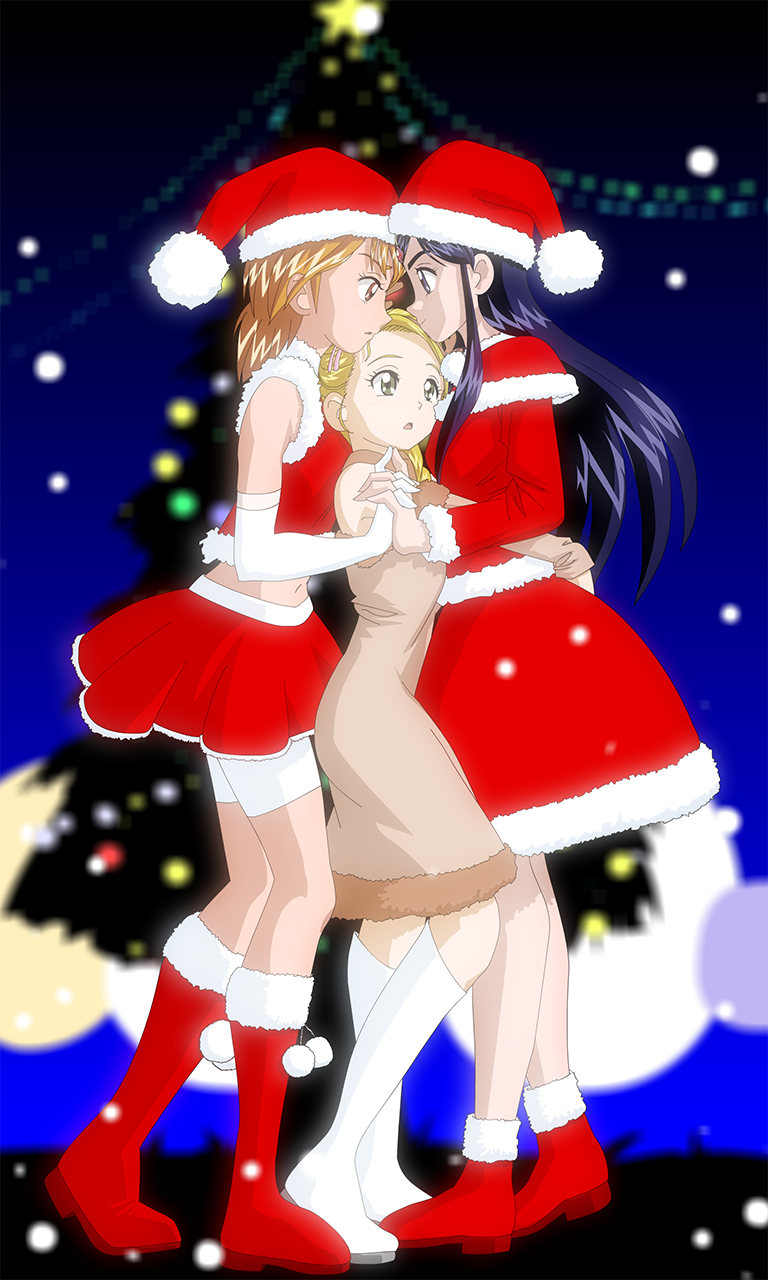 black_hair, blonde_hair, blue_eyes, boots, braid, brown_eyes, brown_hair, christmas