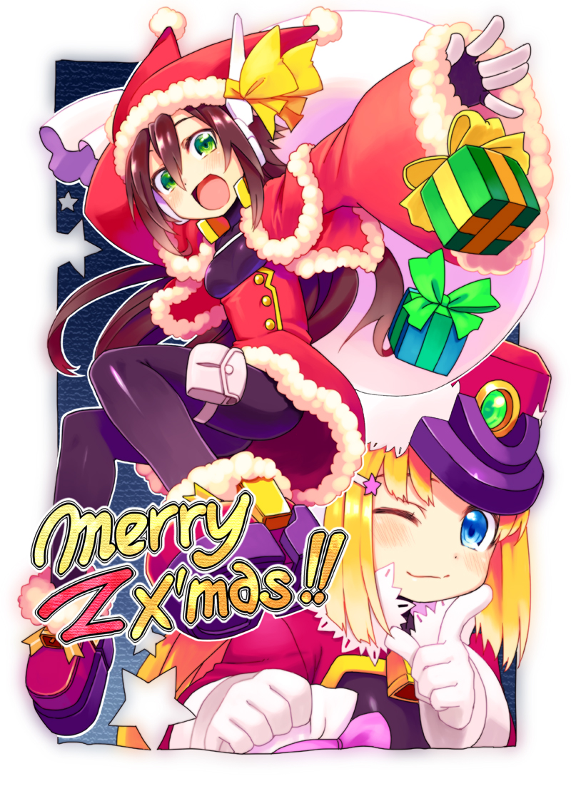 blonde_hair, blue_eyes, brown_hair, gloves, green_eyes, hat, merry_christmas, prairie