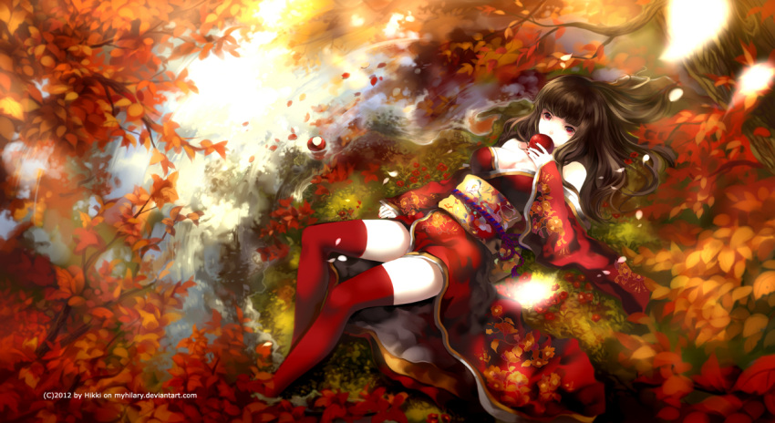 apple, autumn, black_hair, food, fruit, leaf, long_hair, lying