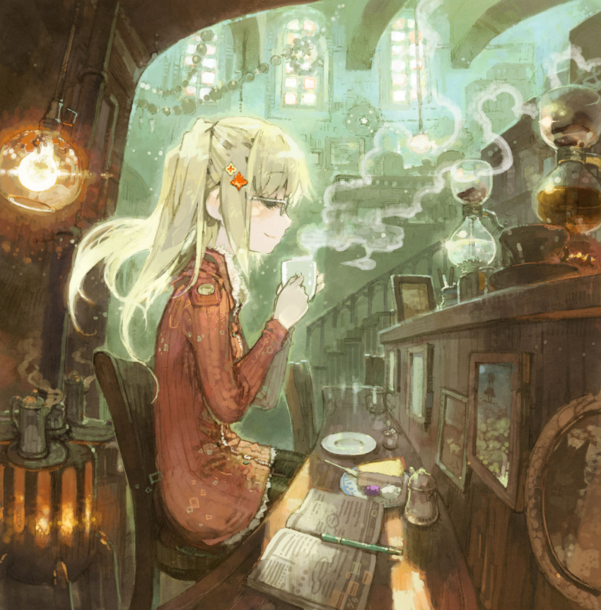bar, blonde_hair, blush, cafe, chair, closed_eyes, cup, eyes_closed, furnace, glasses, hair_ornament, hairclip, heater, highres, holding, kettle, konno_takashi_(frontier_pub), lamp, lantern, lights, long_hair, original, plate, ponytail, profile, scenery, sitting, smile, solo, stairs, steam, teacup