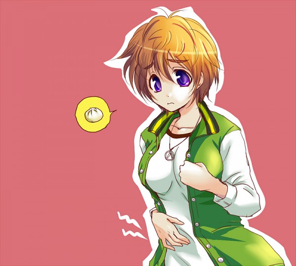 axanael, breasts, brown_hair, collarbone, food, hand_on_stomach, hunger_pangs, hungry