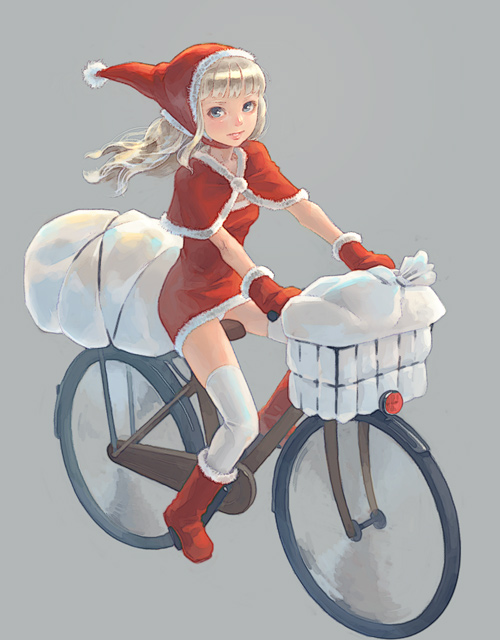 bicycle, bicycle_riding, blue_eyes, blush, boots, capelet, gloves, hat