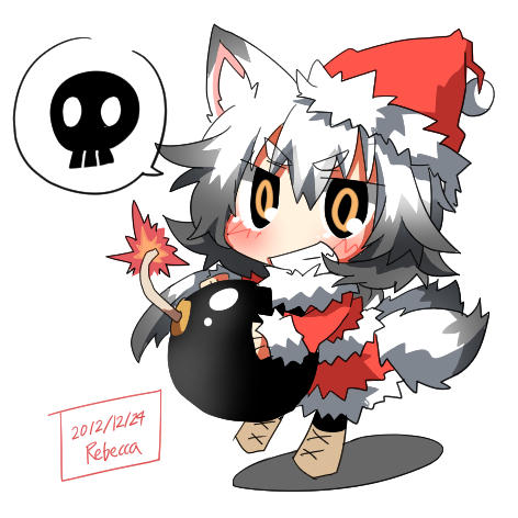 animal_ears, blush, bomb, christmas, dated, fox_ears, fox_tail, grin, hat, long_hair, lowres, original, rebecca_(keinelove), shirogane_mitsuki, signature, silver_hair, skull, smile, solo, tail, yellow_eyes