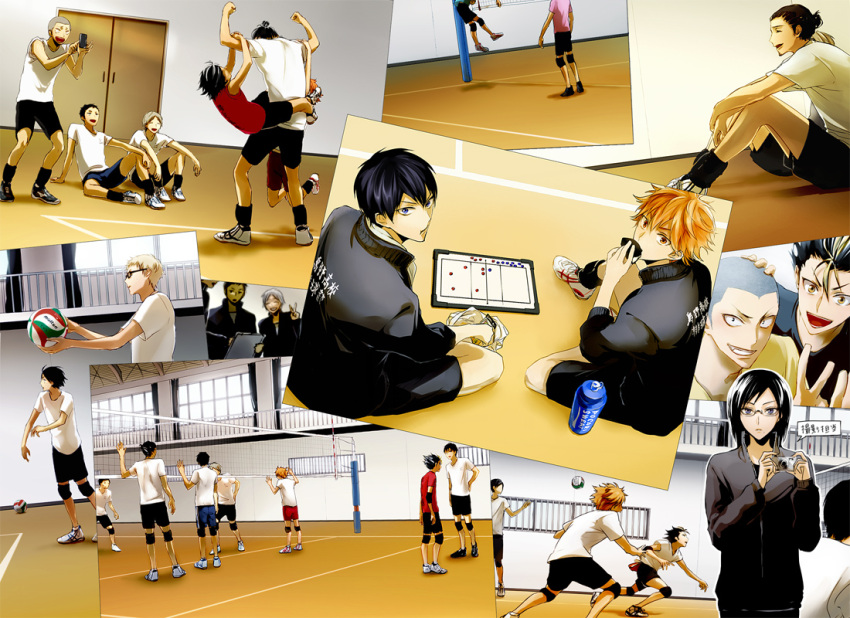 6+boys, azumane_asahi, bald, black_hair, bottle, brown_eyes, camera, clipboard, closed_eyes, ennoshita_chikara, glasses, haikyuu!!, holdign, jacket, joka, joka_(night_gate), jumping, multiple_boys, nishinoya_yuu, orange_hair, purple_eyes, sawamura_daichi, shimizu_kiyoko, short_hair, sitting, sugawara_koushi, tanaka_ryuunosuke, tsukishima_kei, v, volleyball, water_bottle, yamaguchi_tadashi
