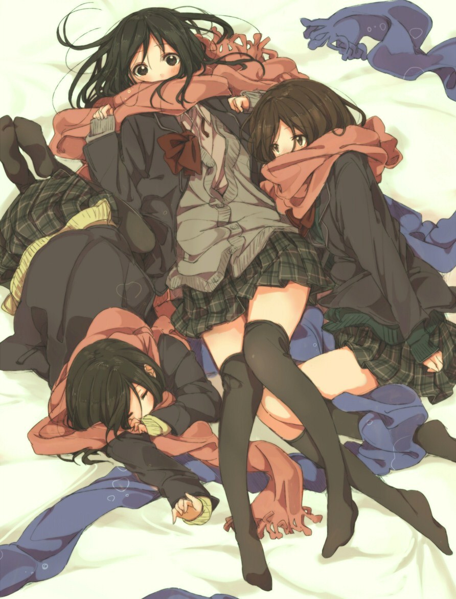 black_eyes, black_hair, black_legwear, cardigan, closed_eyes, eyes_closed, long_hair, looking_at_viewer