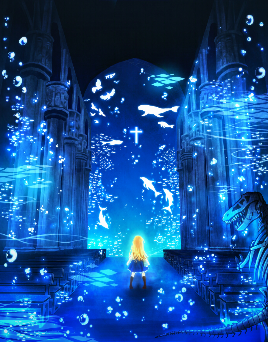 alice_(wonderland), alice_in_wonderland, bank, bird, blonde_hair, blue, bubble, church, cross, dannzairosuto, dolfin, dolphin, fantasy, fish, original, pillar, pixiv_fantasia, scenery, skeleton, solo, underwater