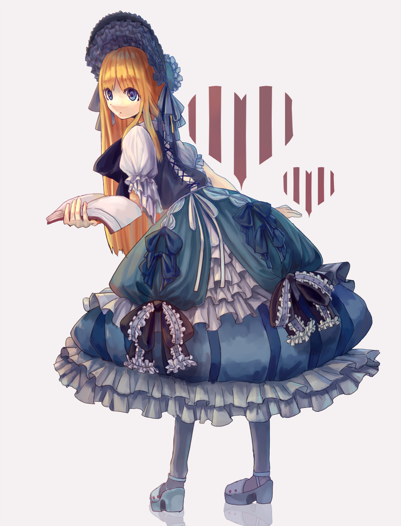 alice_(wonderland), alice_in_wonderland, blonde_hair, blue_eyes, bonnet, book, dress, frilled_dress, frills, gothic_lolita, gown, heart, lolita_fashion, long_hair, milimilihosi, open_book, original, pixiv_fantasia, solo, striped, vertical_stripes, victorian, white_background