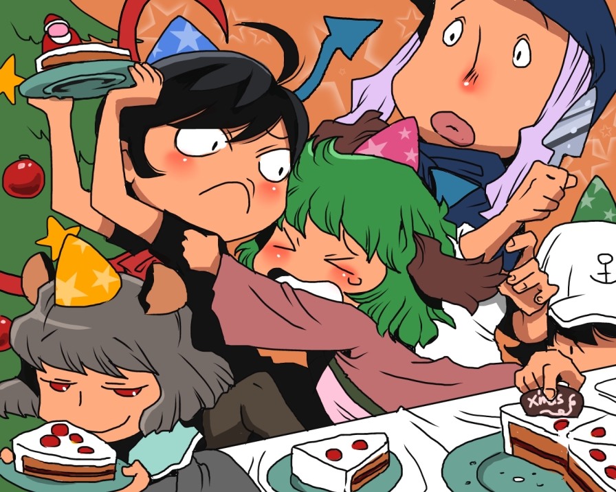 >:(, >_<, animal_ears, black_dress, black_hair, cake, cake_slicer, capelet
