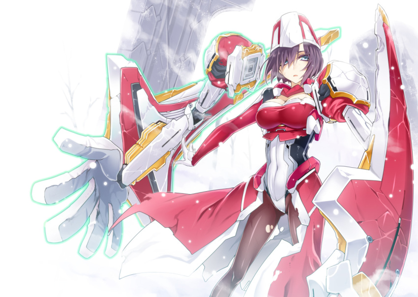 armor, blue_eyes, bodysuit, breasts, cleavage, clothed_navel, crack, hat