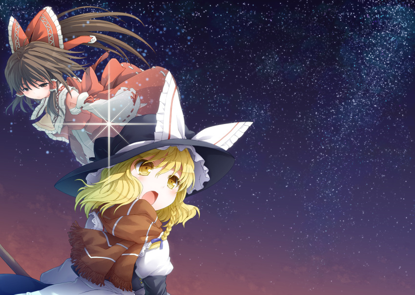 ascot, blonde_hair, blush, bow, braid, brown_eyes, brown_hair, detached_sleeves