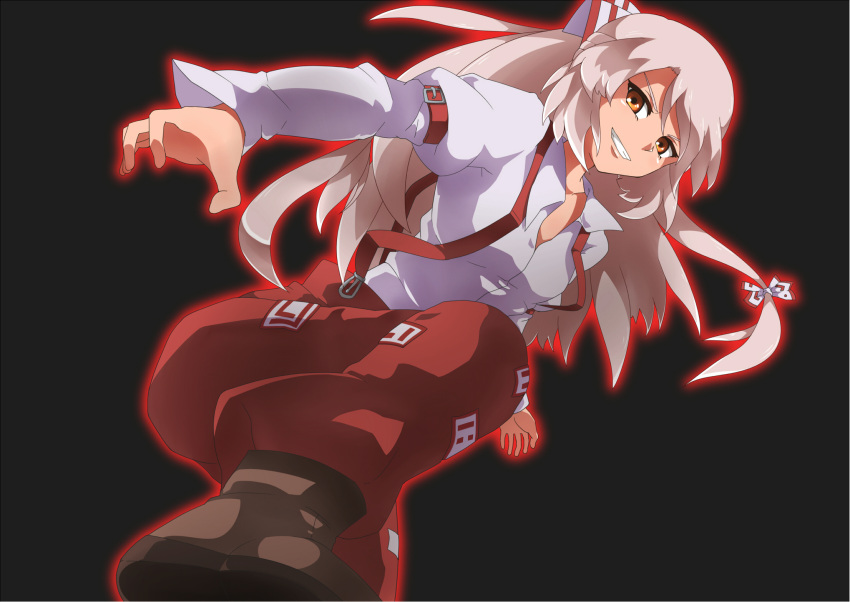 black_background, bow, fujiwara_no_mokou, grin, hair_bow, hair_ribbon, hakutakuanta, highres, long_hair, pants, red_eyes, ribbon, silver_hair, simple_background, smile, solo, suspenders, touhou, very_long_hair