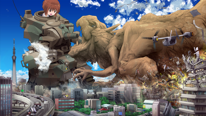 asibez, brown_eyes, brown_hair, cityscape, cloud, clouds, destruction, explosion, giantess, girls_und_panzer, highres, mecha_musume, military, military_vehicle, monster, nishizumi_miho, school_uniform, short_hair, sky, tank, tiltrotor, tokyo_sky_tree, vehicle