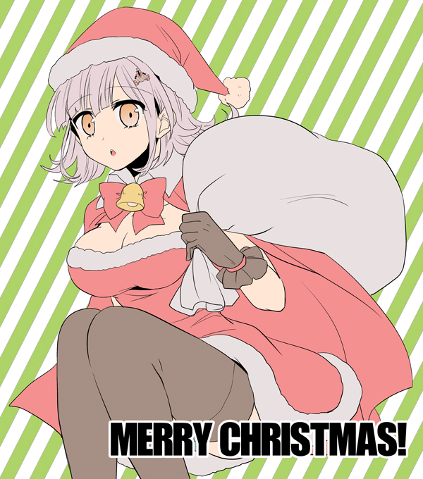 christmas, dangan_ronpa, hat, long_hair, nanami_chiaki, open_mouth, pink_eyes, pink_hair, sack, santa_costume, santa_hat, solo, super_dangan_ronpa_2, suzuhana, thigh-highs, thighhighs