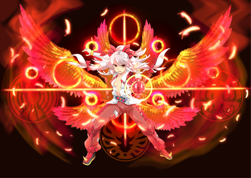 adapted_costume, bird, bow, breasts, feathers, fire, flame, fujiwara_no_mokou, hair_bow, hair_ribbon, hakutakuanta, highres, kamen_rider, kamen_rider_ooo, kamen_rider_ooo_(series), long_hair, navel, open_clothes, open_mouth, open_shirt, parody, parted_lips, phoenix, red_eyes, ribbon, silver_hair, smile, solo, suspenders, tajador_(ooo_combo), touhou, wings