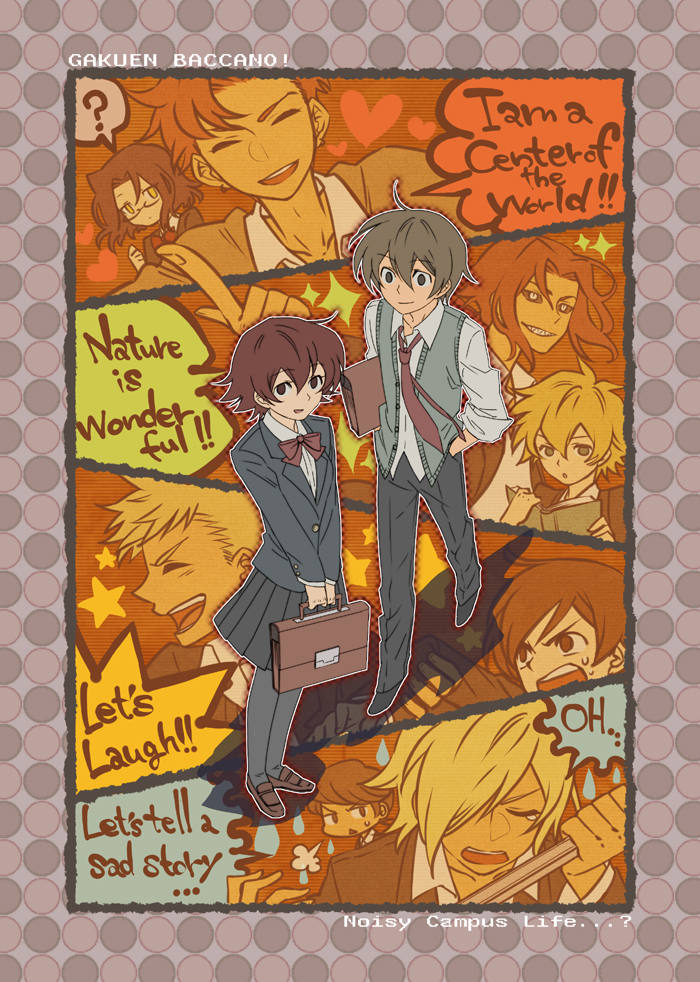 1boy, 1girl, 2boys, 2girls, baccano!, blonde_hair, book, brown_hair