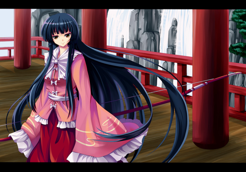 azusayumi_meme, balcony, black_hair, bow_(weapon), hands_in_sleeves, highres, hime_cut, houraisan_kaguya