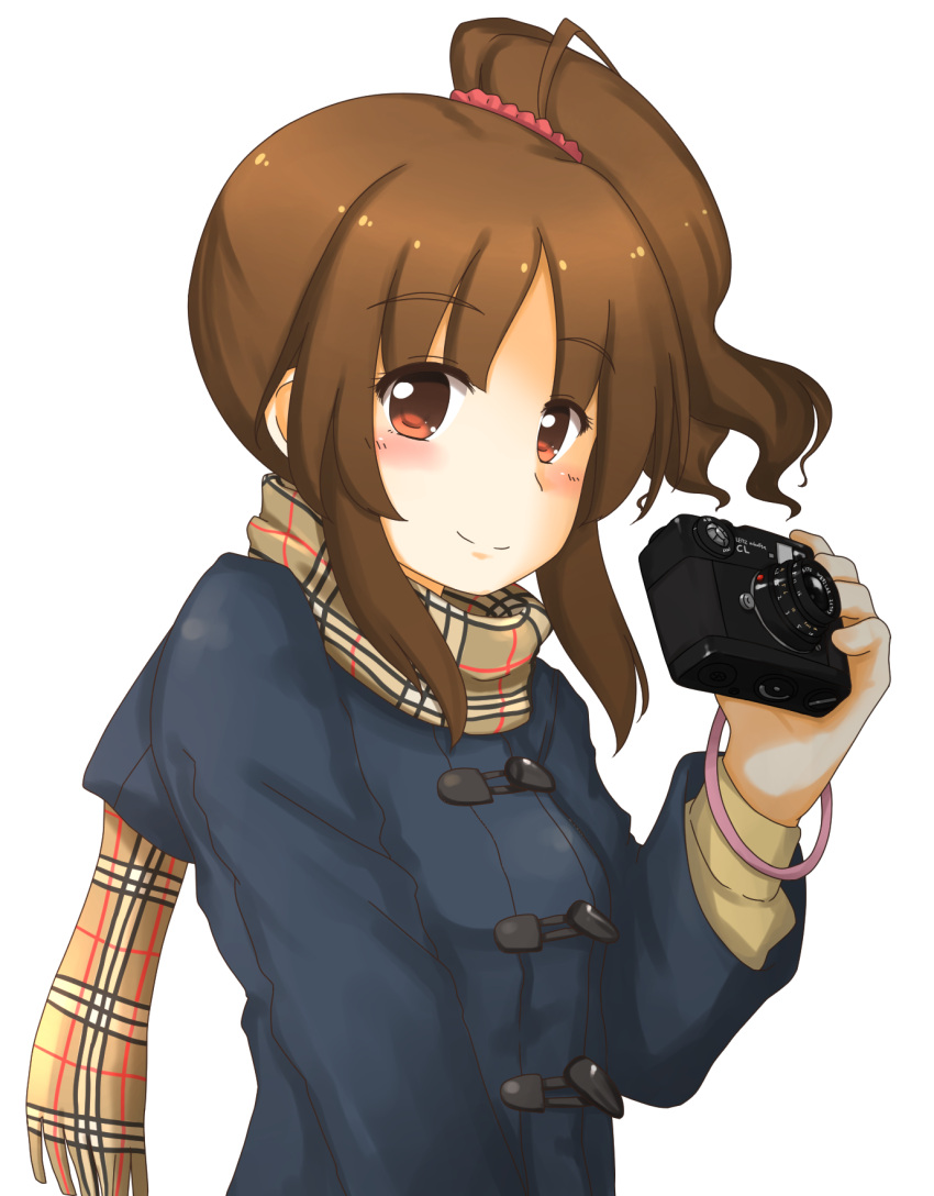 brown_eyes, brown_hair, camera, coat, highres, idolmaster, idolmaster_cinderella_girls, long_hair