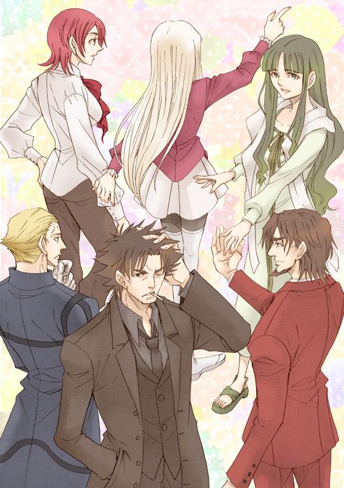 3girls, black_hair, blonde_hair, boots, brown_hair, couple, emiya_kiritsugu, facial_hair, fate/zero, fate_(series), formal, goatee, green_hair, husband_and_wife, irisviel_von_einzbern, kayneth_archibald_el-melloi, long_hair, multiple_boys, multiple_girls, pantyhose, pin_karo, red_hair, redhead, short_hair, sola-ui_nuada-re_sophia-ri, suit, thigh_boots, thighhighs, tohsaka_aoi, tohsaka_tokiomi, toosaka_aoi, toosaka_tokiomi, white_hair