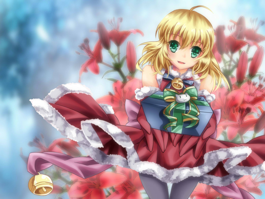 294126499_(artist), ahoge, bell, blonde_hair, christmas_costume, dress, fate/stay_night, fate_(series)