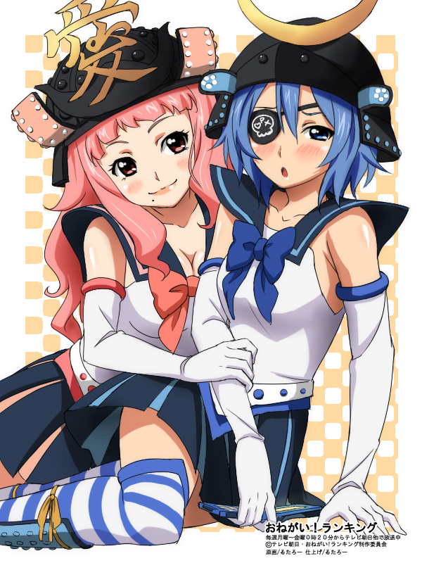 blue_hair, blush, breasts, cleavage, elbow_gloves, embarrassed, eyepatch, gloves