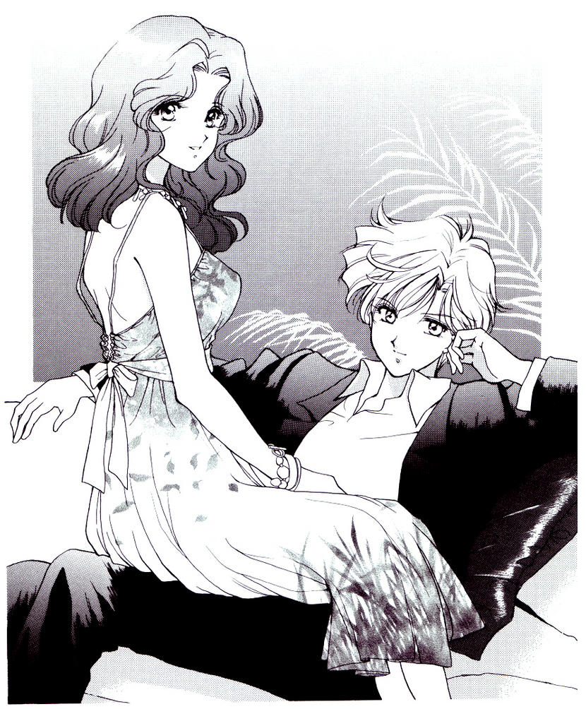 2girls, bishoujo_senshi_sailor_moon, evening_dress, kaiou_michiru, monochrome, short_hair, smile, ten'ou_haruka