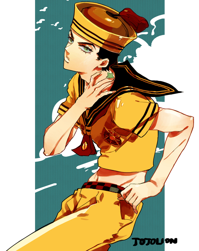 birthmark, black_hair, dixie_cup_hat, green_eyes, higashikata_jousuke_(jojolion), jojo_no_kimyou_na_bouken, jojolion, kugukiugu