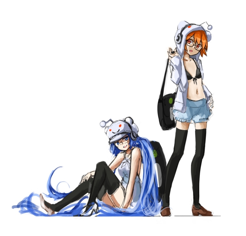 antennae, bag, bikini_top, blue_eyes, blue_hair, cabbie_hat, dress, flat_chest, glasses, hat, headphones, high_heels, hood, hoodie, imgur, long_hair, multiple_girls, navel, open_hoodie, orange_eyes, orange_hair, pas_(paxiti), personification, reddit, satchel, shoes, short_hair, shorts, sitting, sketch, thigh-highs, thighhighs, twintails, very_long_hair, white_dress, zettai_ryouiki