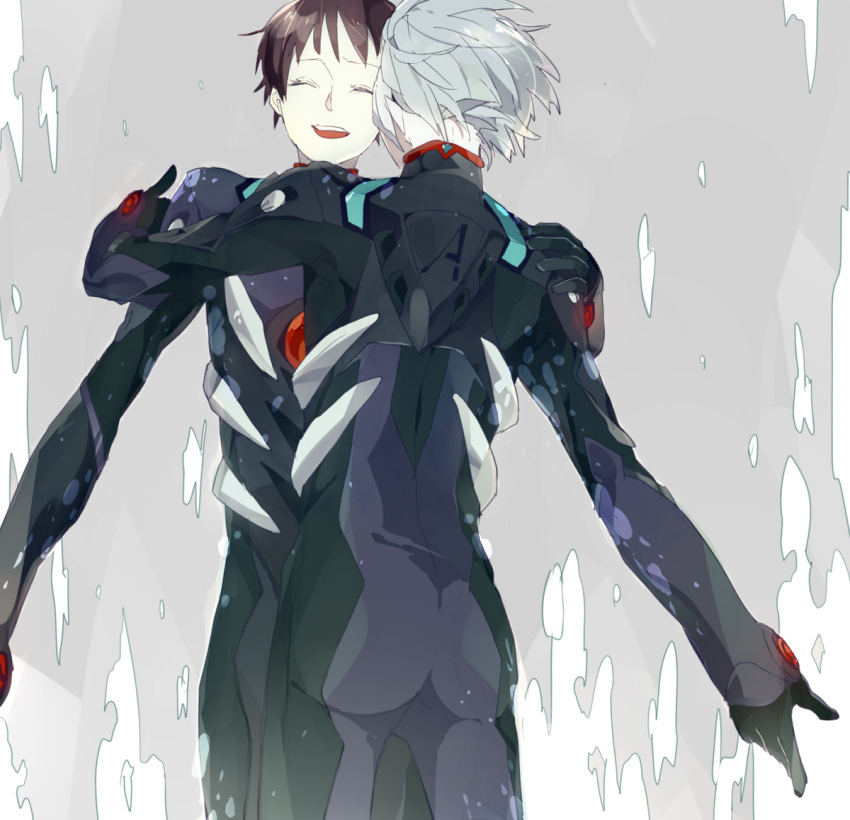 bodysuit, brown_hair, evangelion:_3.0_you_can_(not)_redo, grey_hair, hug, ichimiya, ikari_shinji, multiple_boys