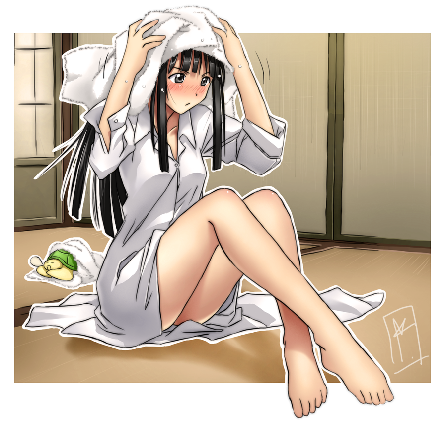 akamatsu_ken, aoyama_motoko, barefoot, black_eyes, black_hair, blush, colored, crossed_ankles