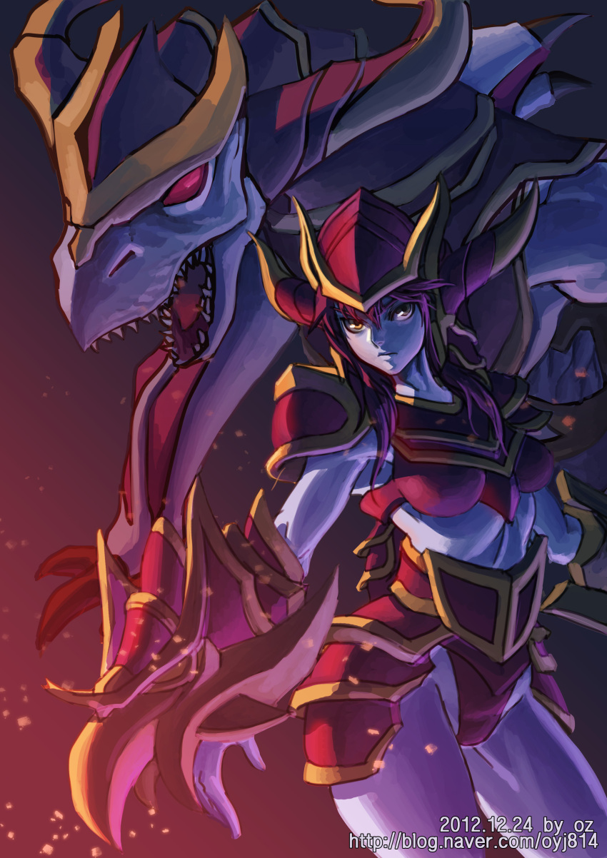 absurdres, armor, blue_skin, dragon, gauntlets, highres, horned_helmet, horns