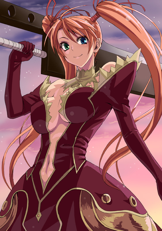 alternate_costume, alternate_hairstyle, blue_eyes, breasts, center_opening, detached_collar, elbow_gloves, gloves