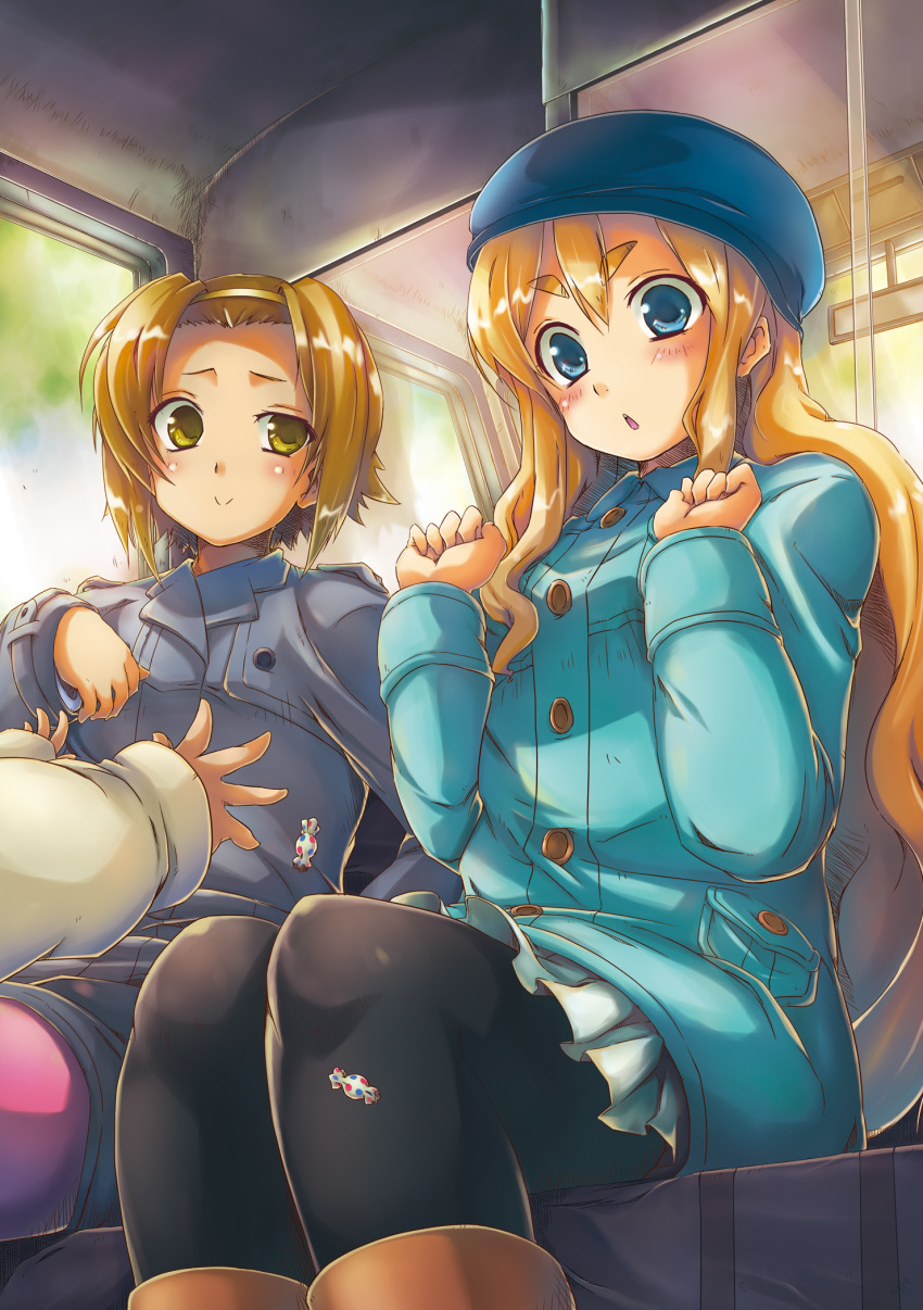 bangs_up, blonde_hair, blue_eyes, brown_eyes, brown_hair, candy, contact_parade_sal, hat, highres, jacket, k-on!, k-on!_movie, kotobuki_tsumugi, long_hair, multiple_girls, pantyhose, short_hair, tainaka_ritsu, winter_clothes