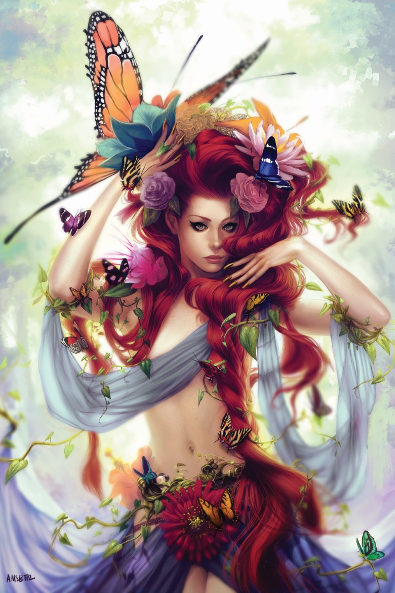 1girl, braid, butterfly, eyebrows, eyelashes, fingernails, flower, freckles, grey_eyes, hair_flower, hair_ornament, ivy, lips, long_fingernails, long_hair, looking_at_viewer, midriff, nail_polish, naked_scarf, navel, original, red_hair, redhead, scarf, seriousbreakfesttime, signature, solo, very_long_hair, vines