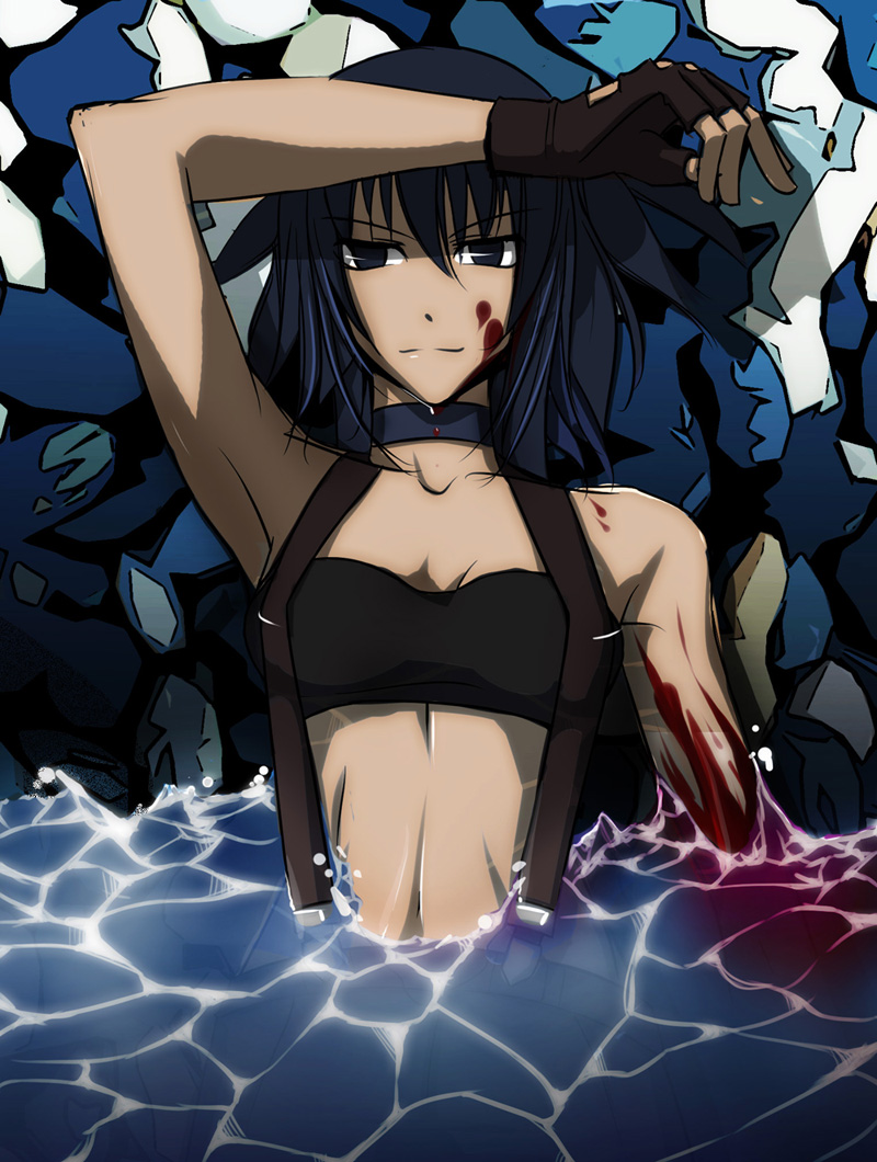 alphard, bare_shoulders, black_eyes, black_hair, blood, canaan, enkitt, enkitt_(artist), fingerless_gloves, gloves, midriff, smile, solo, suspenders, water