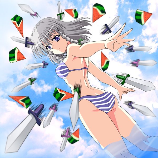 ass, bikini, braid, food, fruit, izayoi_sakuya, knife, ougi_(ihayasaka)