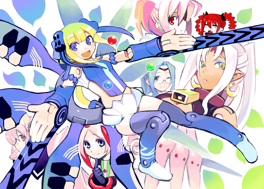 blonde_hair, blush, busou_shinki, dark_skin, doll_joints, earrings, eukrante, glasses