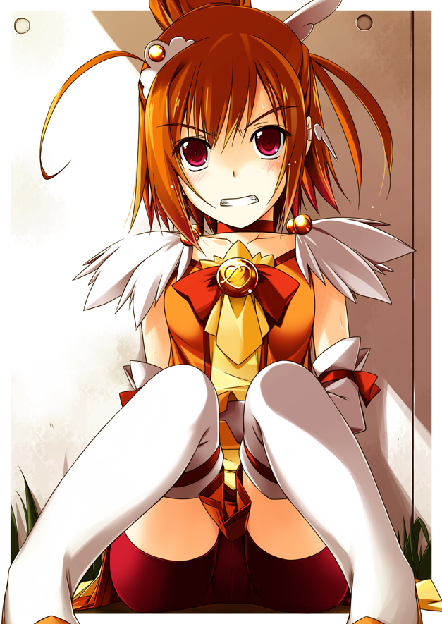 1girl, bike_shorts, blush, boots, bow, cure_sunny, hino_akane, orange_hair
